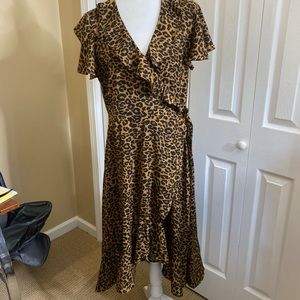 Time and true large leopard print ruffled neckline wrap dress
